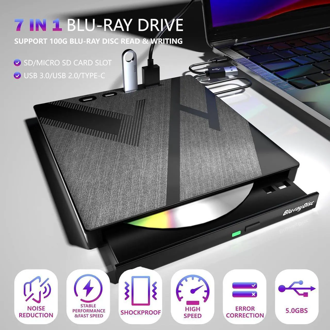 Alt view image 2 of 7 - 7 in 1 External Blu-ray Drive, USB 3.0 Type-C Optical External Blueray/DVD Drive Burner with SD/TF Port, Support 100G Bluray Disc R/W for PC Compatible with Windows XP/7/8/10/11 Mac Laptop Desktop