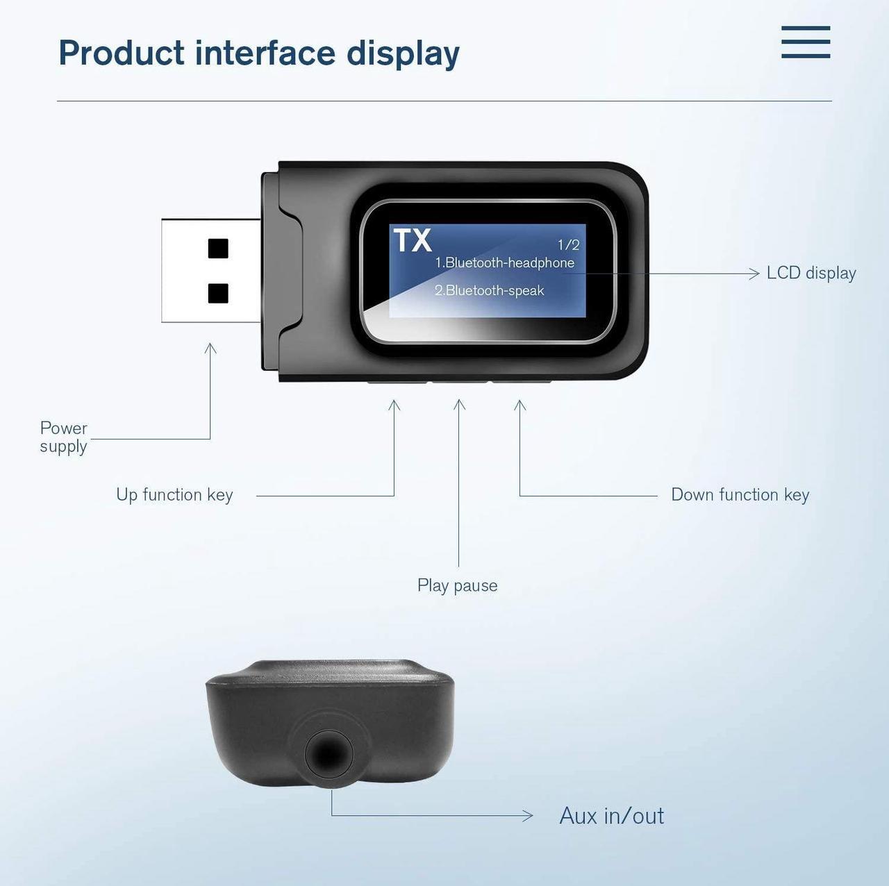 Alt view image 4 of 7 - Bluetooth Transmitter for tv,Bluetooth tv Adapter Receiver with LCD Display,USB Bluetooth tv Transmitter for TV Car PC