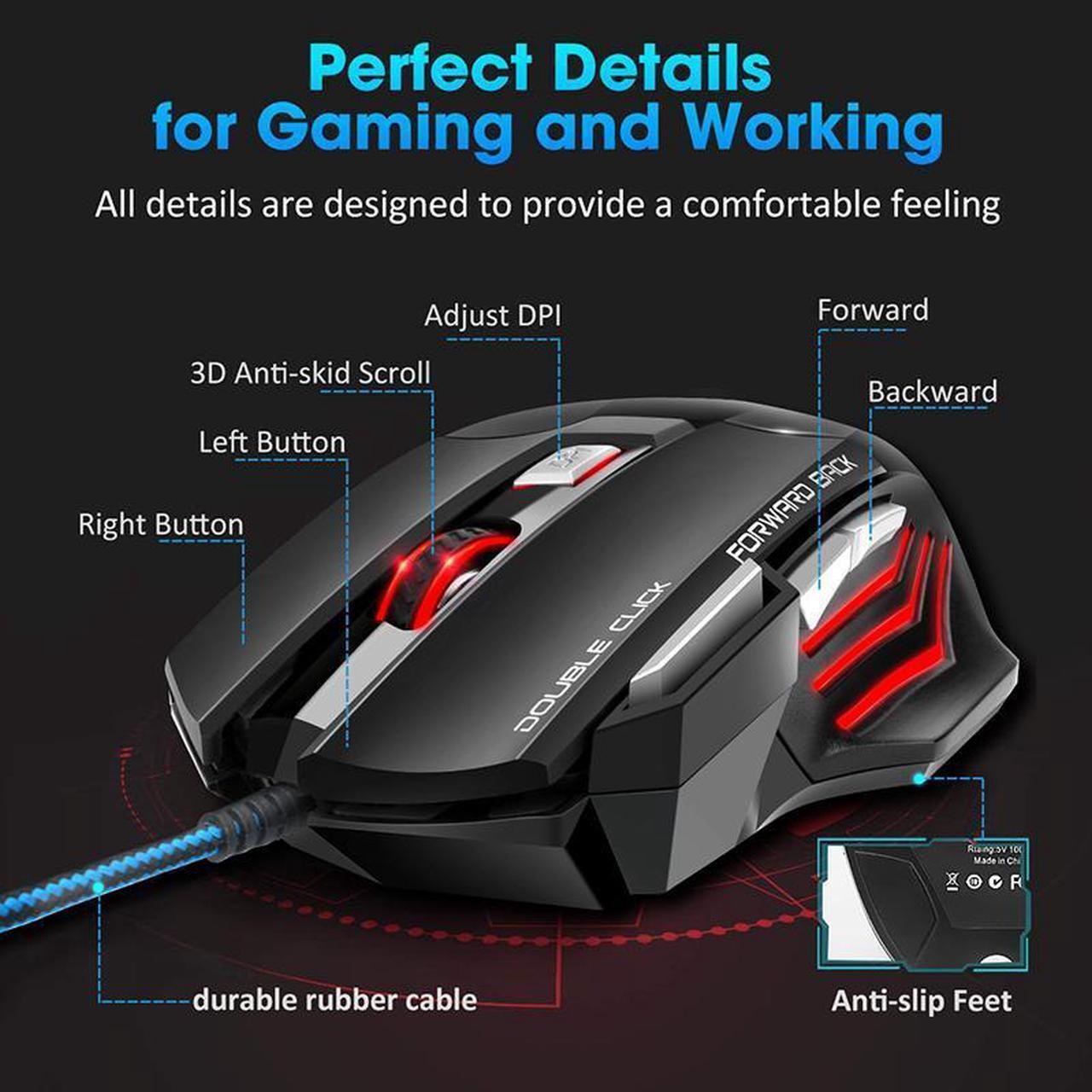 Alt view image 5 of 7 - Computer Mouse, Gamer Ergonomic Wired Gaming Mouse, USB Wired Game Mause 5500 DPI Silent Mice With LED Backlight 7 Buttons Gaming Mice For PC Laptop (Black)