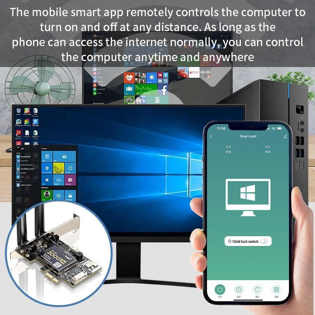 Alt view image 3 of 6 - PCIE WiFi 6 Network Card AX200SW Bluetooth 5.2 Wireless Adapter, 3000Mbps WiFi 6 Card Dual Band 2.4G/5G, Smart Remote Control WiFi Adapter for Desktop PC Support Windows 11/10 64bit