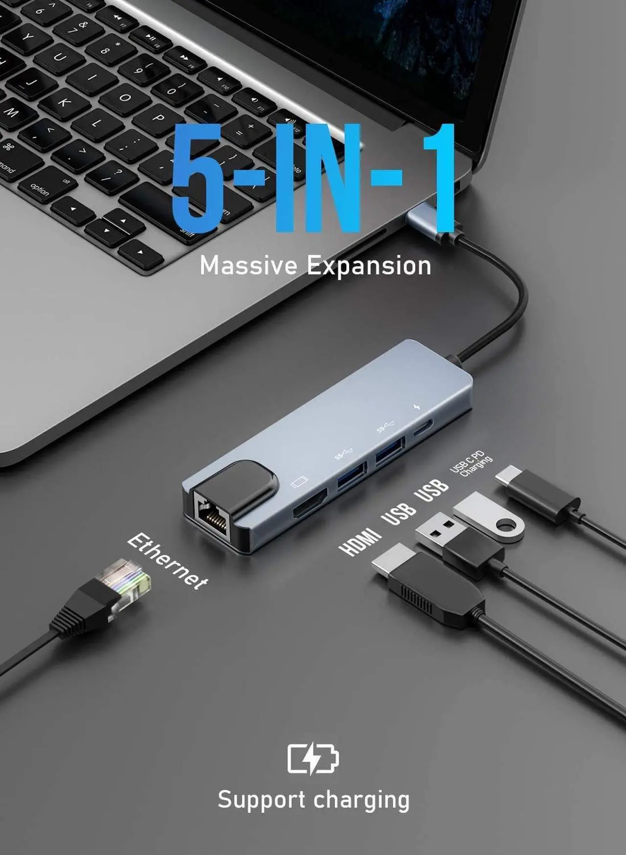 Alt view image 2 of 7 - USB C Hub, 5-in-1 USB C Hub with Ethernet, USB-C Multiport Adapter with 4K HDMI, Ethernet input, 2*USB Ports, USB C PD Charging for MacBook Pro 2019, iPad Pro2020, XPS15, Pixelbook, and more