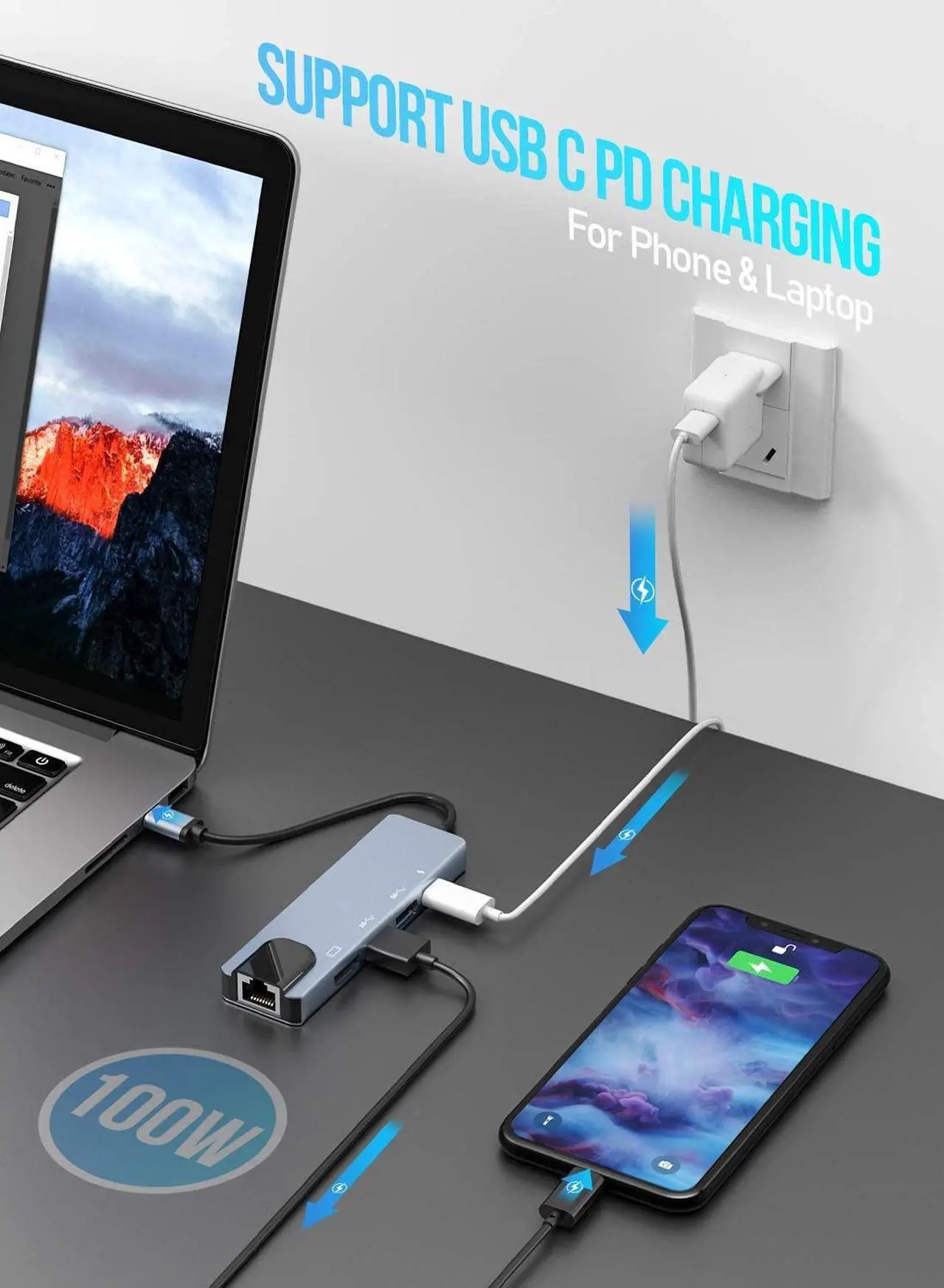 Alt view image 4 of 7 - USB C Hub, 5-in-1 USB C Hub with Ethernet, USB-C Multiport Adapter with 4K HDMI, Ethernet input, 2*USB Ports, USB C PD Charging for MacBook Pro 2019, iPad Pro2020, XPS15, Pixelbook, and more