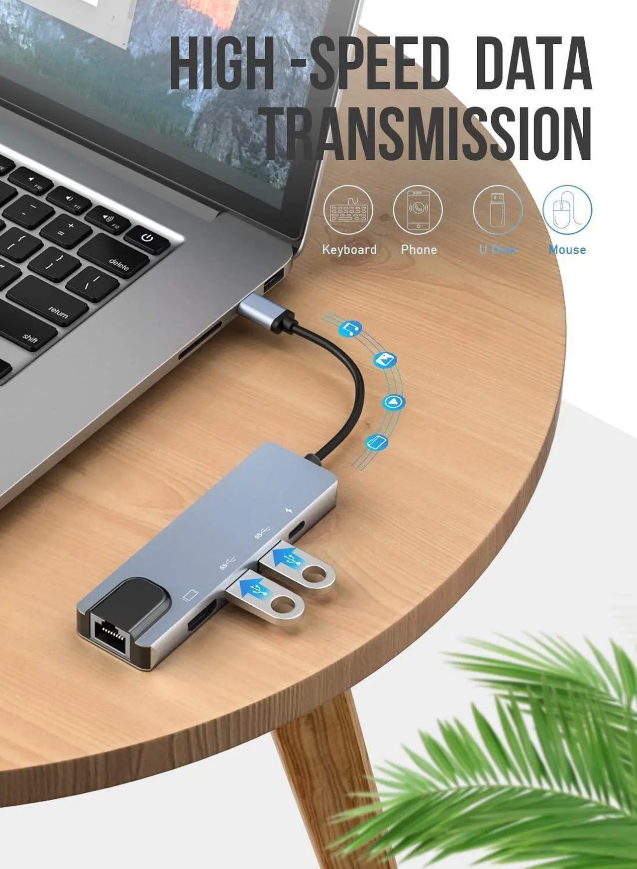 Alt view image 5 of 7 - USB C Hub, 5-in-1 USB C Hub with Ethernet, USB-C Multiport Adapter with 4K HDMI, Ethernet input, 2*USB Ports, USB C PD Charging for MacBook Pro 2019, iPad Pro2020, XPS15, Pixelbook, and more