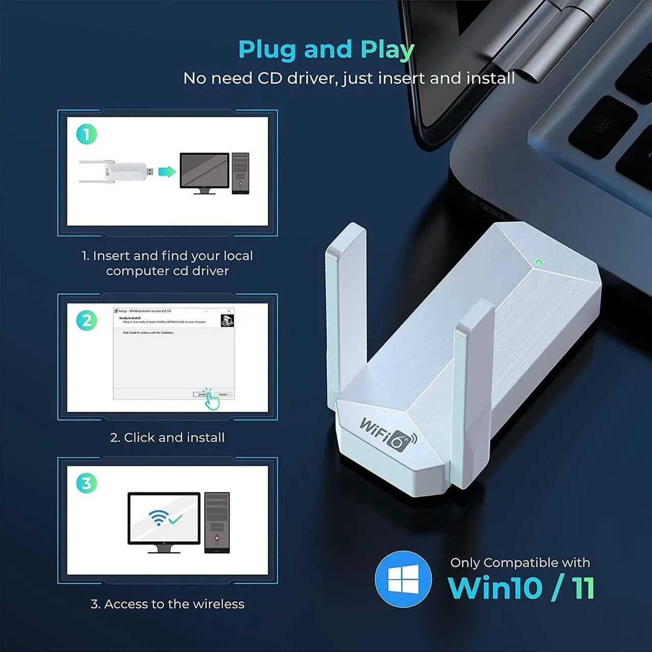 Alt view image 4 of 7 - USB WiFi 6 Adapter, AX1800 USB 3.0 Dual Band WiFi Dongle USB Wireless Adapter with 1800Mbps 5G 2.4G, 802.11AC Wireless Network Dongle High Gain Antennas for PC Desktop Laptop, Support Win 10/11 Only