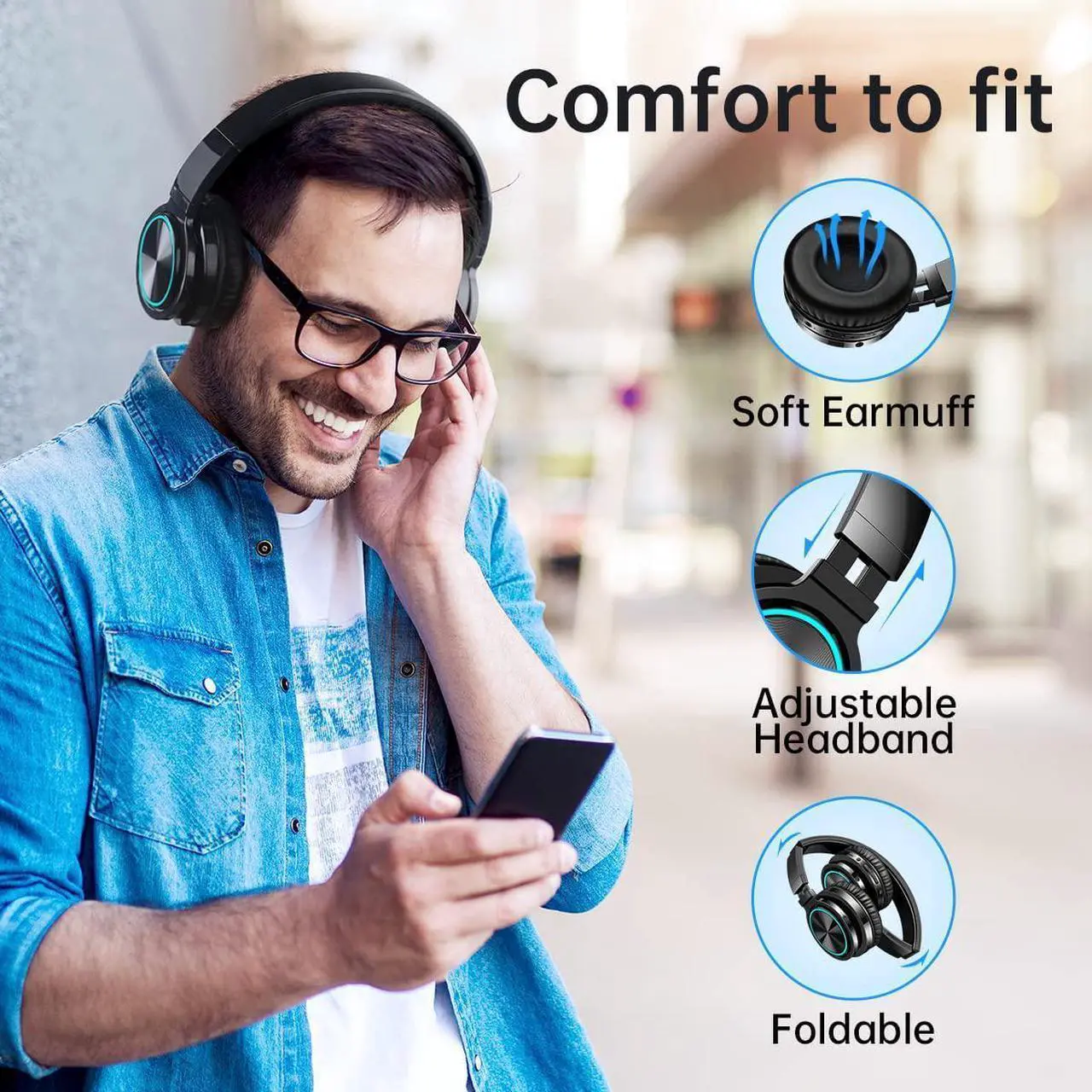 Alt view image 3 of 7 - Wireless Bluetooth Headphones, HD Stereo Sound Over Ear Headphones with Built-in Microphones, Deep Bass 20 Hours Playtime, Fast Charge Bluetooth 5.2 Headset for Adults, School, Travel, Black