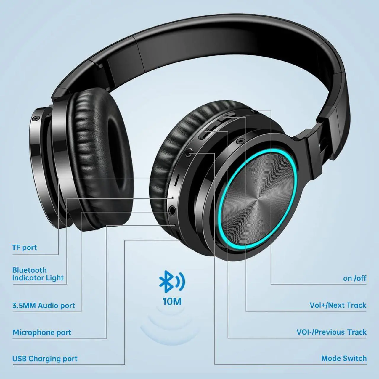 Alt view image 7 of 7 - Wireless Bluetooth Headphones, HD Stereo Sound Over Ear Headphones with Built-in Microphones, Deep Bass 20 Hours Playtime, Fast Charge Bluetooth 5.2 Headset for Adults, School, Travel, Black