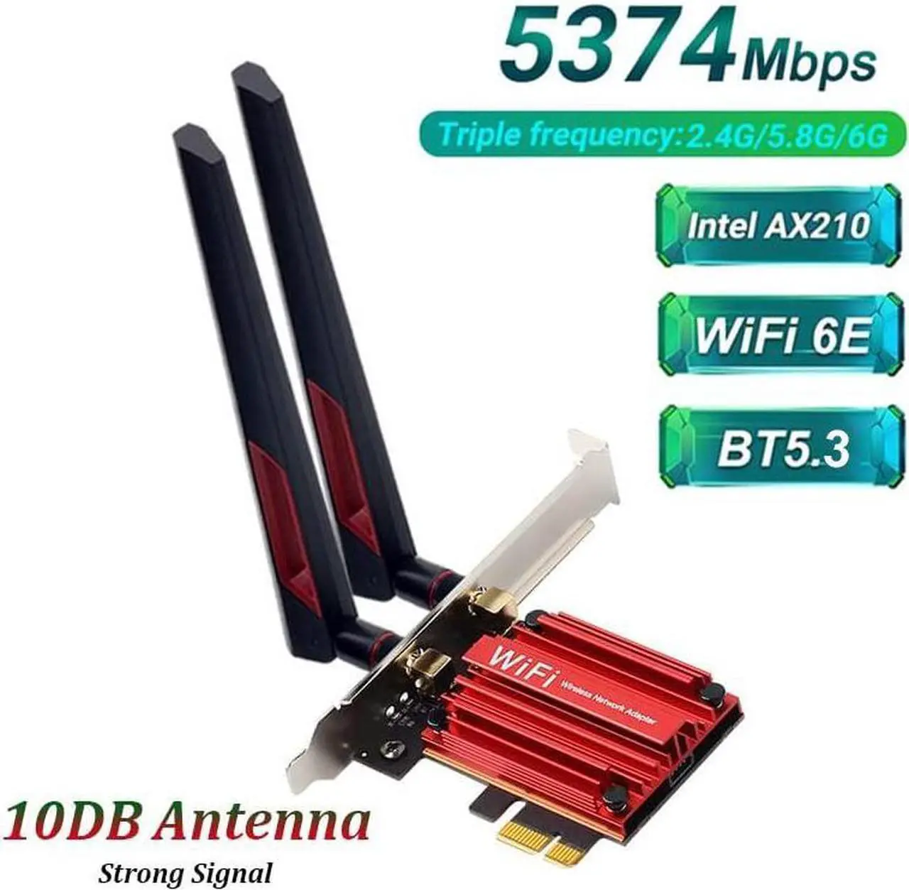Main image of 10DB Antennas WiFi 6E Card PCIE Wireless Adapter, AX210 Bluetooth 5.3 Wireless 5374Mbps 2 in 1 Tri Band 2.4G/5G/6Ghz WiFi 6 Network Card WiFi Adapter for PC Desktop Windows 10 11 (64bit)