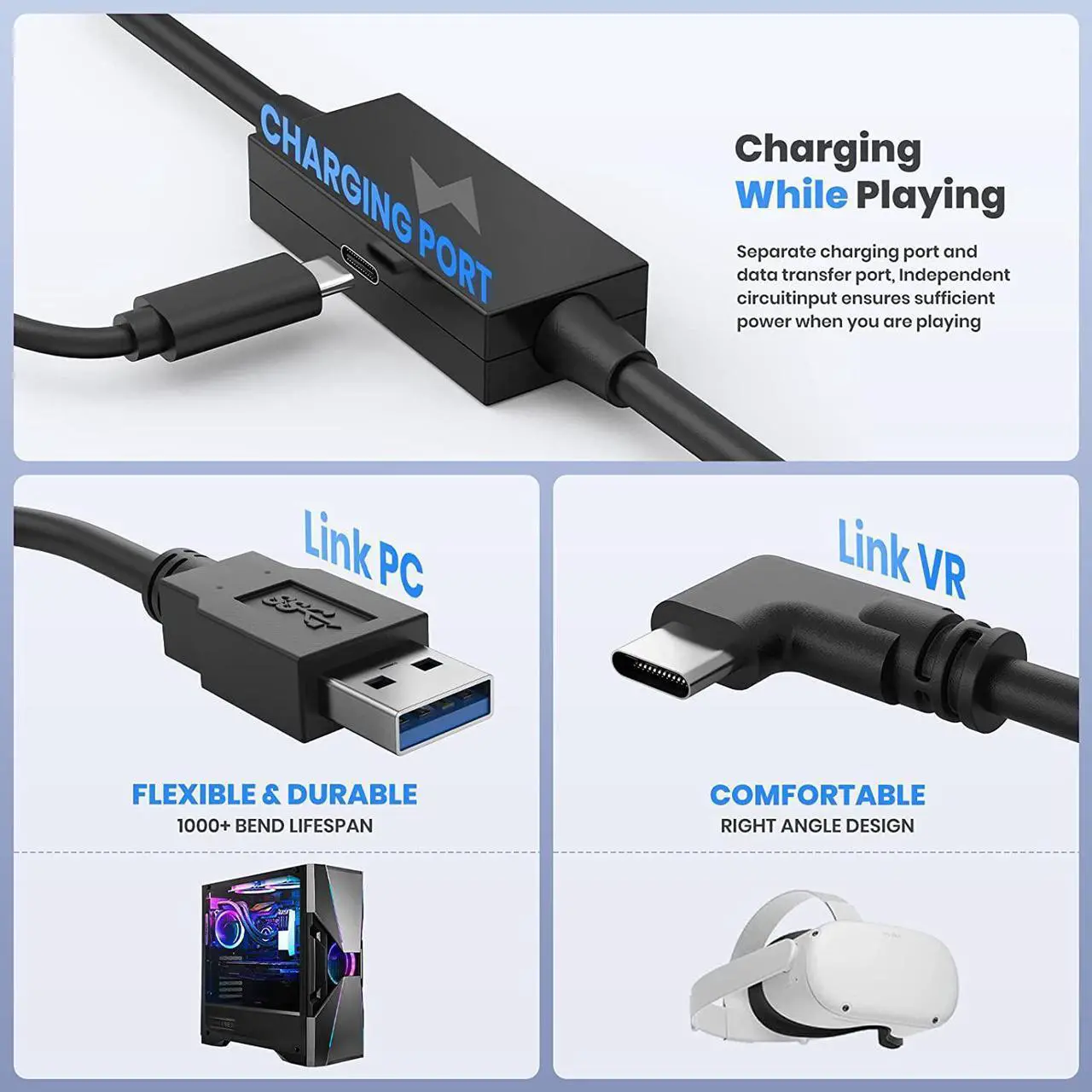 Alt view image 2 of 7 - Link Cable 16FT / 5M Compatible with Meta/Oculus Quest 2 Accessories and PC/Steam VR,with Separate Charging Port & High Speed PC Data Transfer,USB 3.0 USB A to USB C Cable for VR Headset and Gaming PC