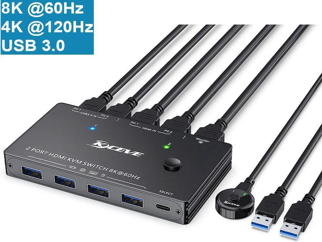 Main image of 8K HDMI KVM Switch 2 Ports, USB 3.0 HDMI2.1 KVM Switcher Box, Support 7680x4320 8K @60Hz, 3840x2160 4K @120Hz Resolution for 2 Computers Share Mouse Keyboard and Monitor