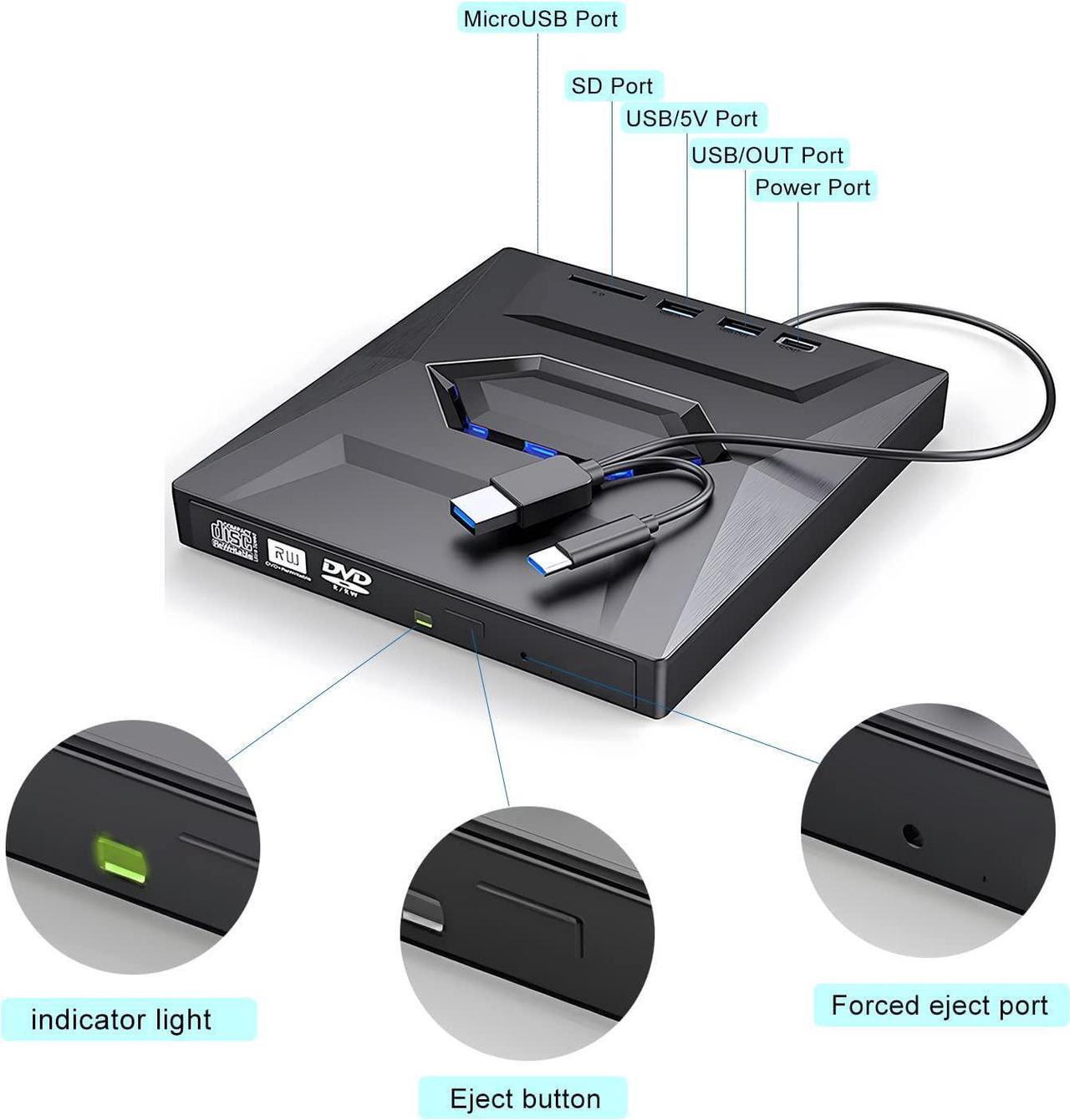 Alt view image 2 of 7 - External DVD CD Drive, USB 3.0 Type C Slim Portable CD/DVD Player, CD DVF ROM Burner Rewriter with 2 USB Ports, SD TF Slot Low Noise High Speed Data Transfer Super Drive for Laptop/Desktop