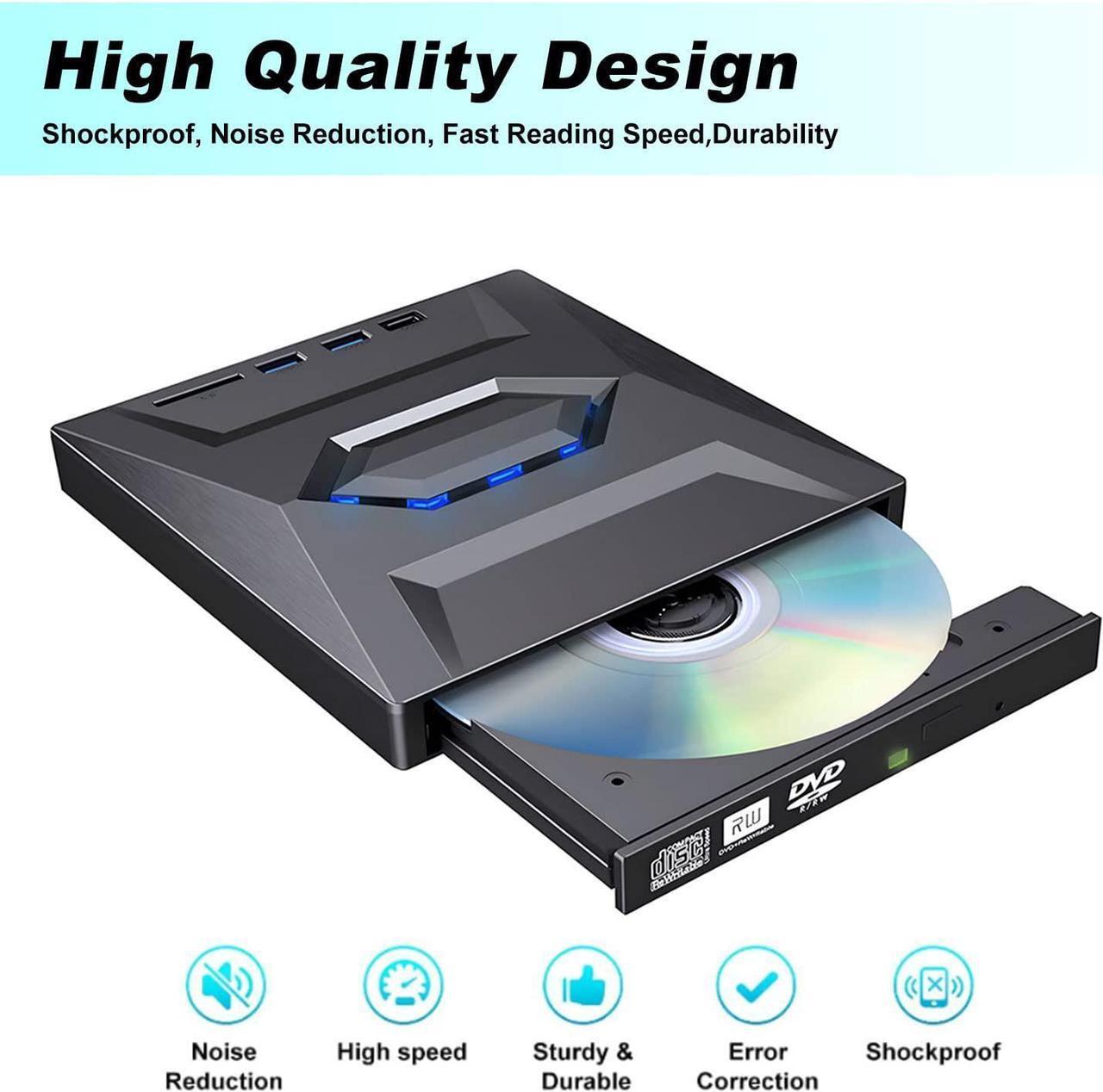 Alt view image 4 of 7 - External DVD CD Drive, USB 3.0 Type C Slim Portable CD/DVD Player, CD DVF ROM Burner Rewriter with 2 USB Ports, SD TF Slot Low Noise High Speed Data Transfer Super Drive for Laptop/Desktop