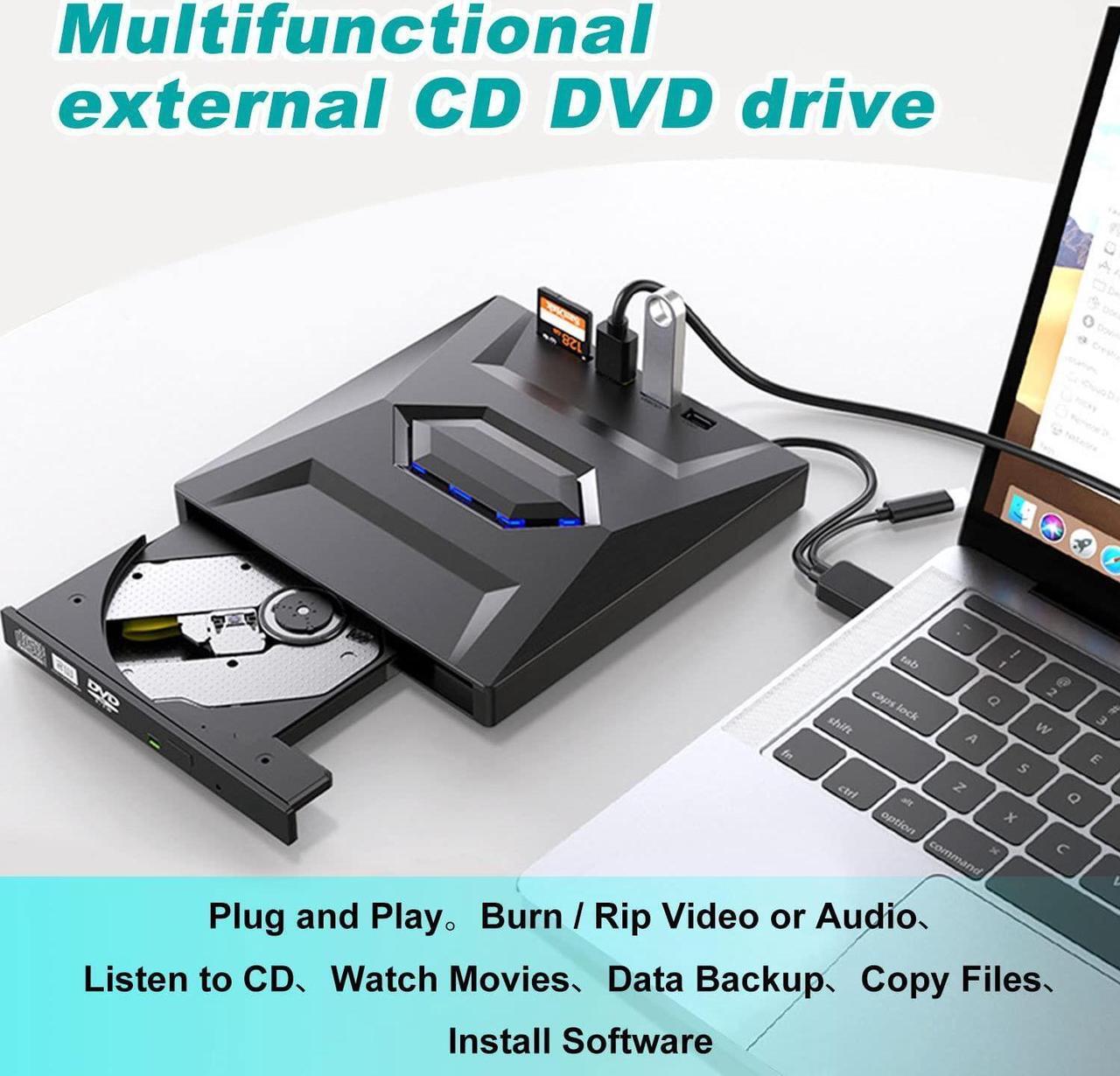 Alt view image 5 of 7 - External DVD CD Drive, USB 3.0 Type C Slim Portable CD/DVD Player, CD DVF ROM Burner Rewriter with 2 USB Ports, SD TF Slot Low Noise High Speed Data Transfer Super Drive for Laptop/Desktop