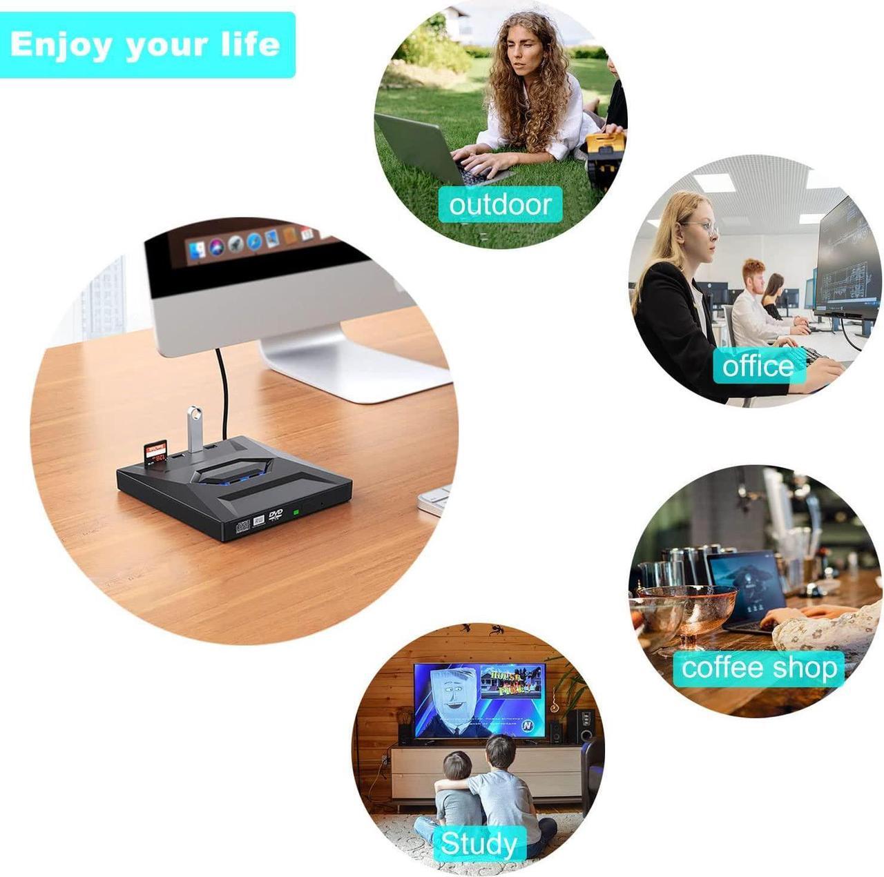 Alt view image 6 of 7 - External DVD CD Drive, USB 3.0 Type C Slim Portable CD/DVD Player, CD DVF ROM Burner Rewriter with 2 USB Ports, SD TF Slot Low Noise High Speed Data Transfer Super Drive for Laptop/Desktop