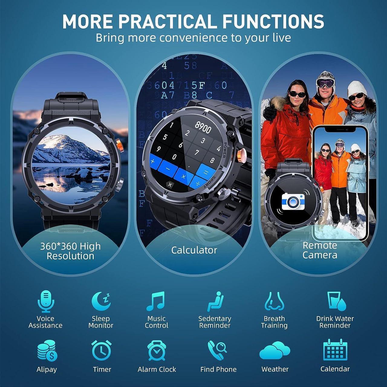 Alt view image 7 of 7 - Sport Smart Watch, 5ATM Waterproof Military Smart Watches for Men with Bluetooth Call (Answer/Dial Call), 1.39'' Outdoor Tactical Fitness Tracker Smartwatch with 111 Sports Moeds for Android iOS Phone