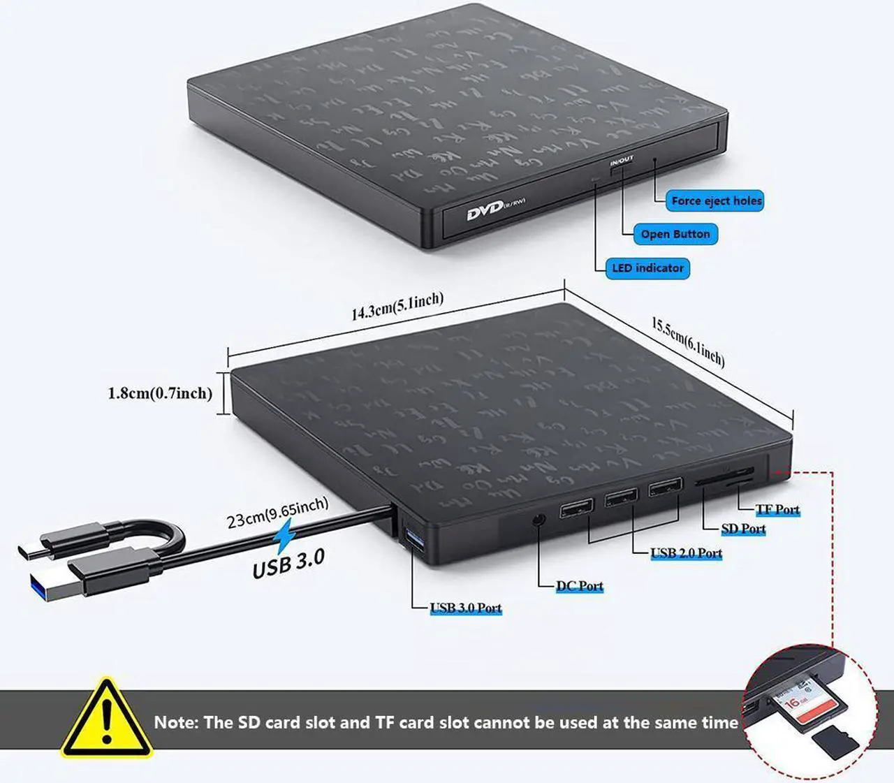 Alt view image 4 of 7 - External CD DVD +/-RW Drive with SD/TF Memory Card Slot and USB Ports, 7 in 1 USB 3.0 Type C Portable CD/DVD Player Burner Reader Writer External DVD Drive for Laptop PC Windows 11/10, Linux, MacOS