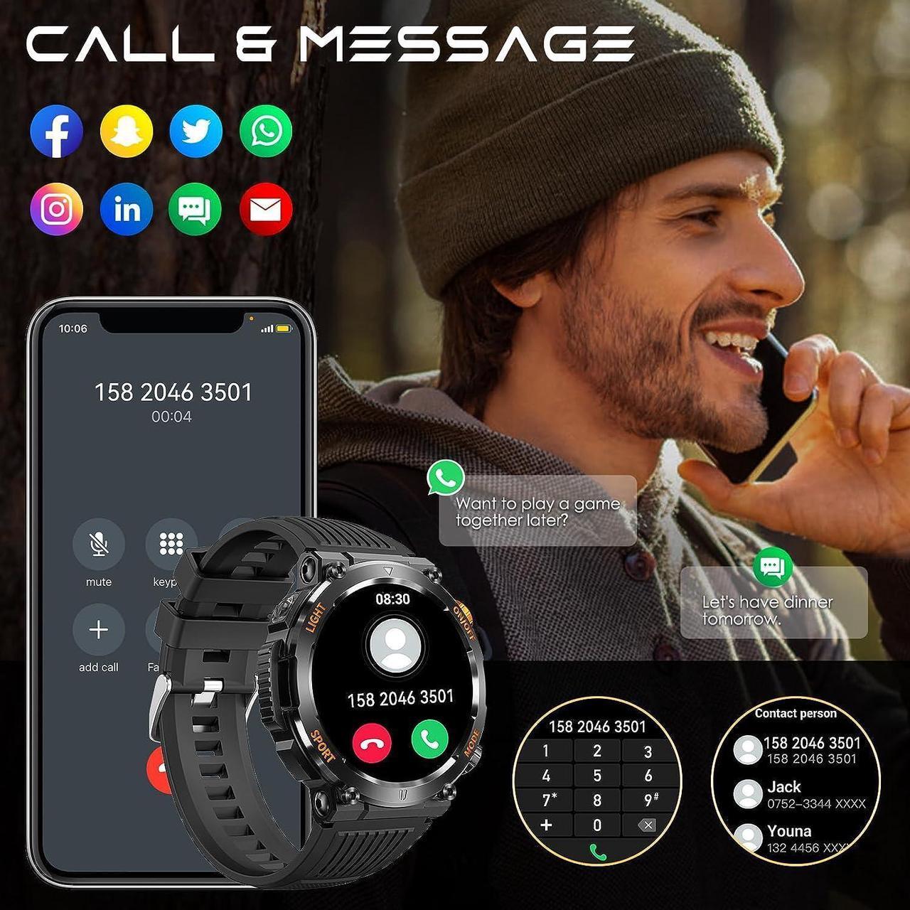 Alt view image 4 of 7 - Rugged Tactical Military Smart Watches for Men with Compass LED Lighting (Make/Answer Call), 1.46'' HD Outdoor Sport Fitness Tracker Watch with Heart Rate Monitor Smart Watch for IOS Android Phones