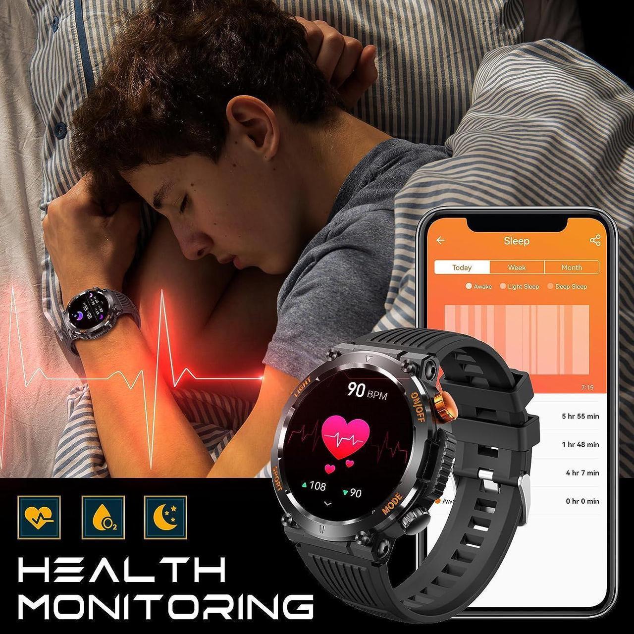 Alt view image 6 of 7 - Rugged Tactical Military Smart Watches for Men with Compass LED Lighting (Make/Answer Call), 1.46'' HD Outdoor Sport Fitness Tracker Watch with Heart Rate Monitor Smart Watch for IOS Android Phones
