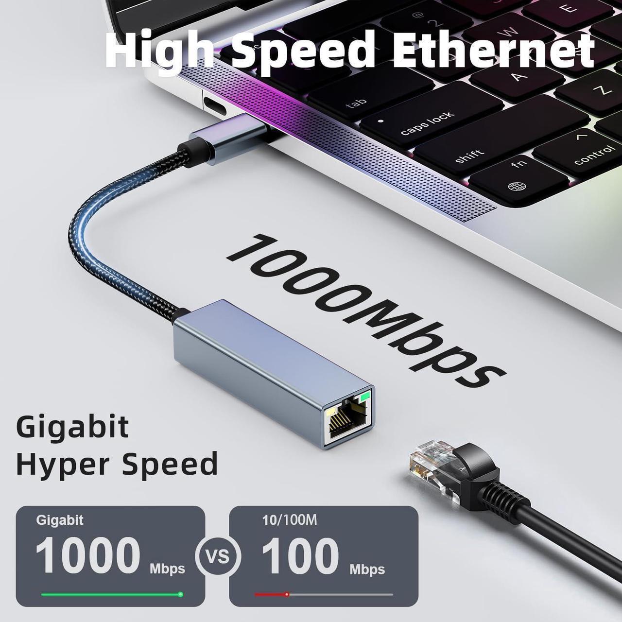 Alt view image 2 of 7 - USB C to Ethernet Adapter, Driver Free Gigabit RJ45 to USB C [Thunderbolt 3/4 Compatible] Ethernet LAN Network Adapter, Compatible with Mac-Book Pro 2020/2019/2018, i-Pad Pro, D-ell XPS, Surface..