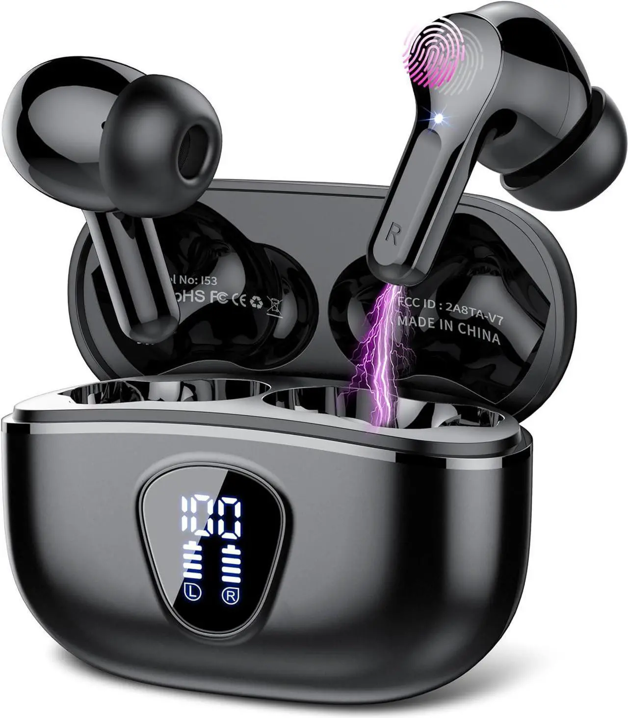 Main image of Wireless Earbuds, Bluetooth 5.3 Headphones with 4 ENC Noise Cancelling Mic, Bluetooth Earbuds 40H Playtime , Wireless Headphones in ear Earphones Deep Bass Stereo, LED Display, IP7 Waterproof, Black