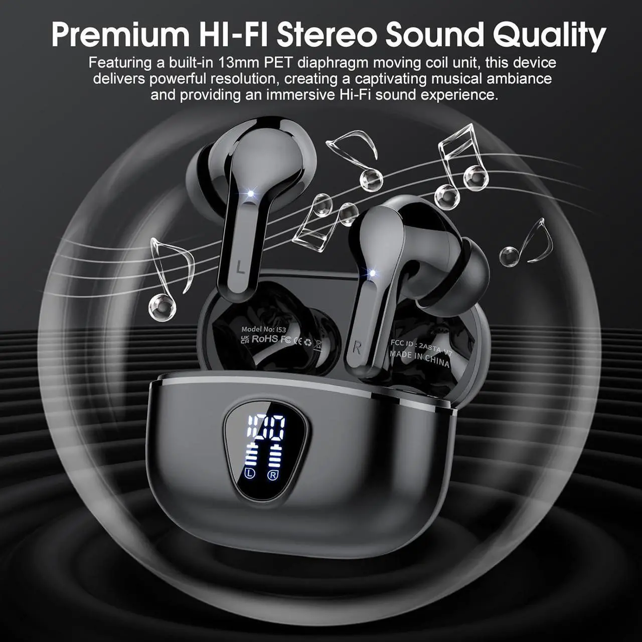 Alt view image 3 of 7 - Wireless Earbuds, Bluetooth 5.3 Headphones with 4 ENC Noise Cancelling Mic, Bluetooth Earbuds 40H Playtime , Wireless Headphones in ear Earphones Deep Bass Stereo, LED Display, IP7 Waterproof, Black