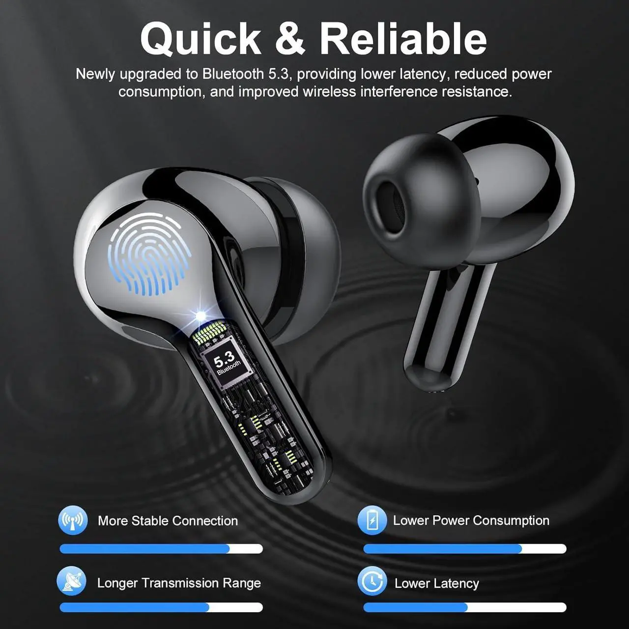 Alt view image 2 of 7 - Wireless Earbuds, Bluetooth 5.3 Headphones with 4 ENC Noise Cancelling Mic, Bluetooth Earbuds 40H Playtime , Wireless Headphones in ear Earphones Deep Bass Stereo, LED Display, IP7 Waterproof, Black