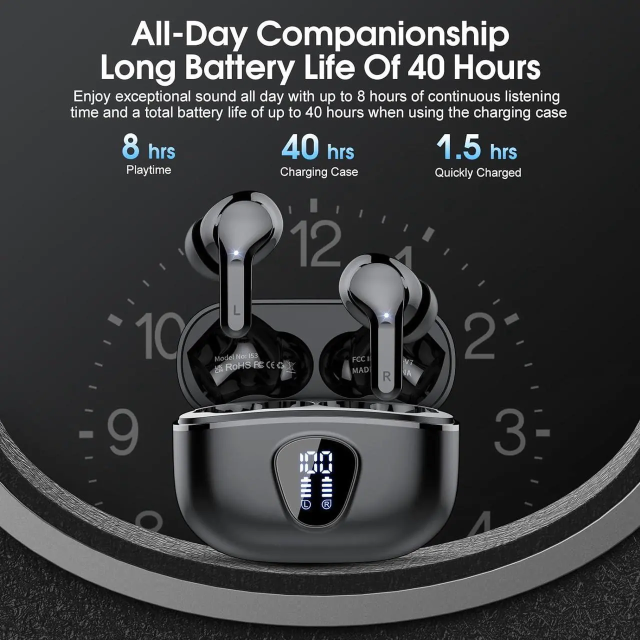 Alt view image 5 of 7 - Wireless Earbuds, Bluetooth 5.3 Headphones with 4 ENC Noise Cancelling Mic, Bluetooth Earbuds 40H Playtime , Wireless Headphones in ear Earphones Deep Bass Stereo, LED Display, IP7 Waterproof, Black