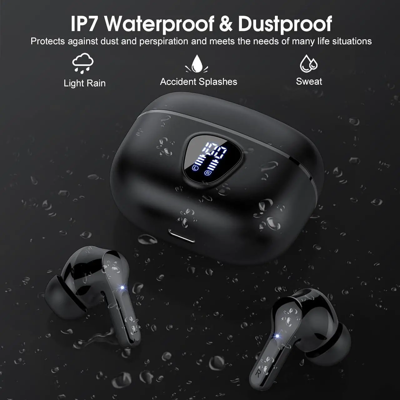 Alt view image 7 of 7 - Wireless Earbuds, Bluetooth 5.3 Headphones with 4 ENC Noise Cancelling Mic, Bluetooth Earbuds 40H Playtime , Wireless Headphones in ear Earphones Deep Bass Stereo, LED Display, IP7 Waterproof, Black