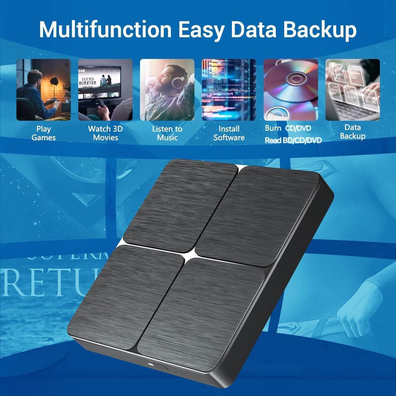 Alt view image 5 of 7 - External Bluray DVD Drive, USB 3.0 and Type-C Portable CD/DVD Drive 3D Blu-ray External DVD Drive Slim Optical External Blu-ray Player Compatible for Windows XP/7/8/10/11 MacOS Laptop,Desktop PC
