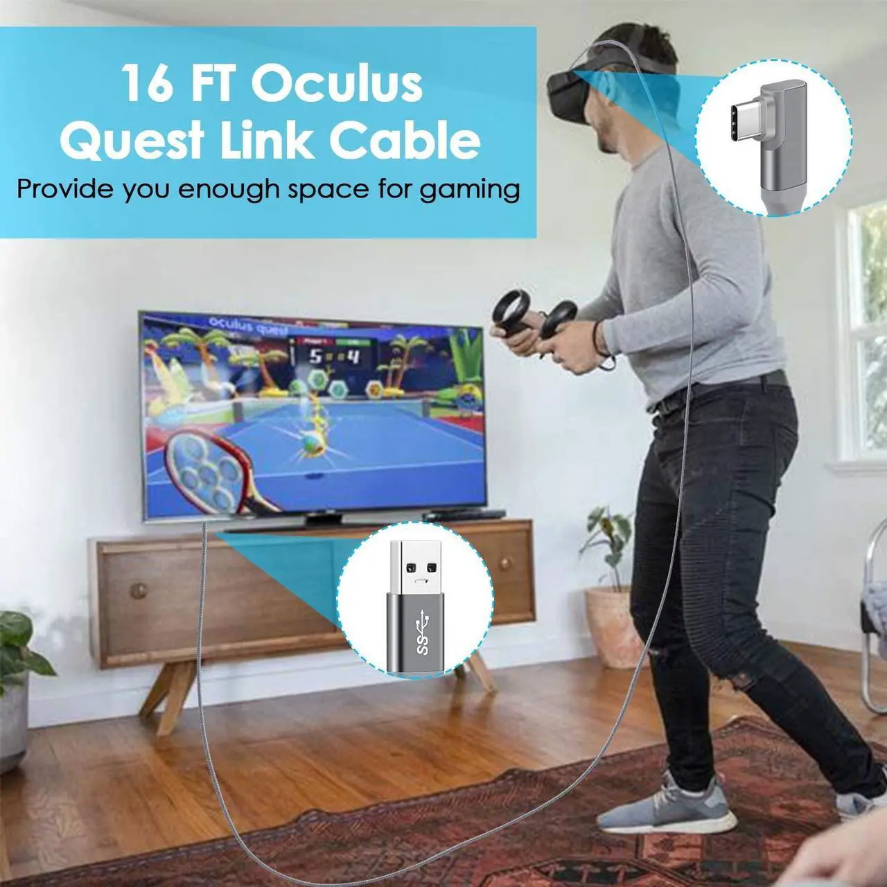 Alt view image 2 of 7 - Compatible for Oculus Quest 2 Link Cable 10FT, VR Link Cable for Oculus Quest 2 / Quest 1, USB 3.0 Type A to C High Speed Data Transfer Charging Cord for Oculus VR Headset and Gaming PC (10feet, 3M)