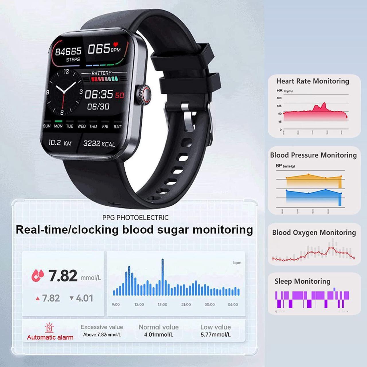 Alt view image 3 of 7 - Blood Glucose Monitoring Smartwatch - Fitness Tracker with Blood Pressure, Blood Oxygen Tracking - Heart Rate Monitor | Calorie Step Counter Non-invasive Blood Glucose Test Sport Smart Watch