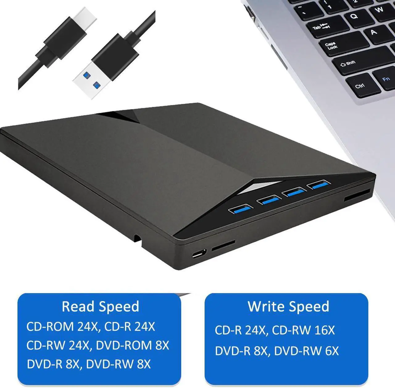 Alt view image 4 of 7 - 6-in-1 External CD DVD Drive, USB 3.0 Type-C CD DVD +/-RW Optical Drive, Ultra-Slim Drive with 4 USB 3.0 Ports and 2 SD Card Slots, Compatible with Laptop PC Linux Windows Mac OS with USB Hub