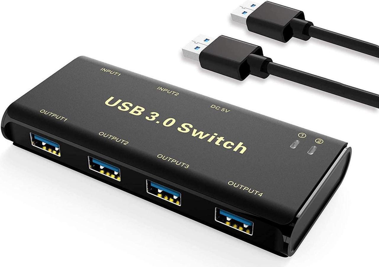 Main image of USB 3.0 Switch Selector, USB KVM Switcher Adapter 4 Port USB Peripheral Switcher Box Hub for Mouse, Keyboard, Scanner, Printer, PCs with One-Button Switch and 2 Pack USB Cable