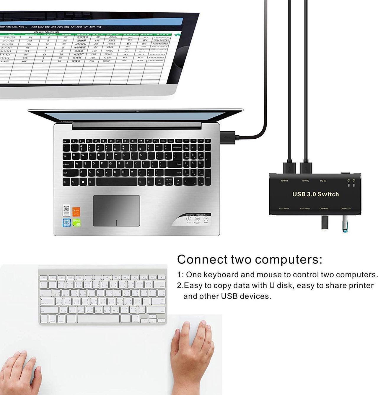 Alt view image 3 of 7 - USB 3.0 Switch Selector, USB KVM Switcher Adapter 4 Port USB Peripheral Switcher Box Hub for Mouse, Keyboard, Scanner, Printer, PCs with One-Button Switch and 2 Pack USB Cable