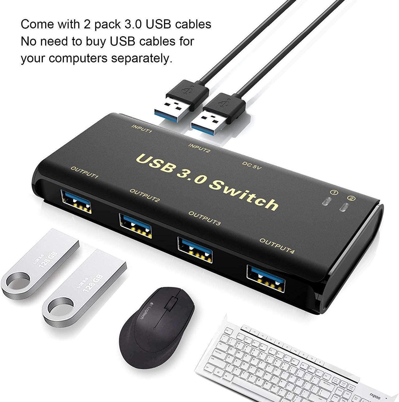 Alt view image 4 of 7 - USB 3.0 Switch Selector, USB KVM Switcher Adapter 4 Port USB Peripheral Switcher Box Hub for Mouse, Keyboard, Scanner, Printer, PCs with One-Button Switch and 2 Pack USB Cable