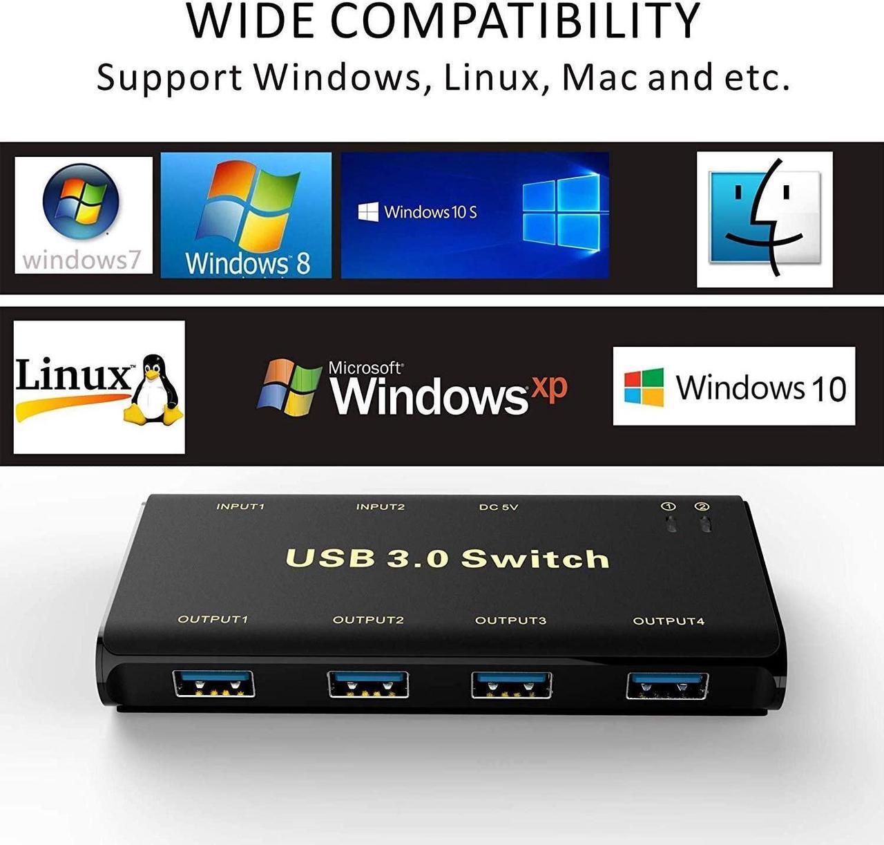Alt view image 5 of 7 - USB 3.0 Switch Selector, USB KVM Switcher Adapter 4 Port USB Peripheral Switcher Box Hub for Mouse, Keyboard, Scanner, Printer, PCs with One-Button Switch and 2 Pack USB Cable