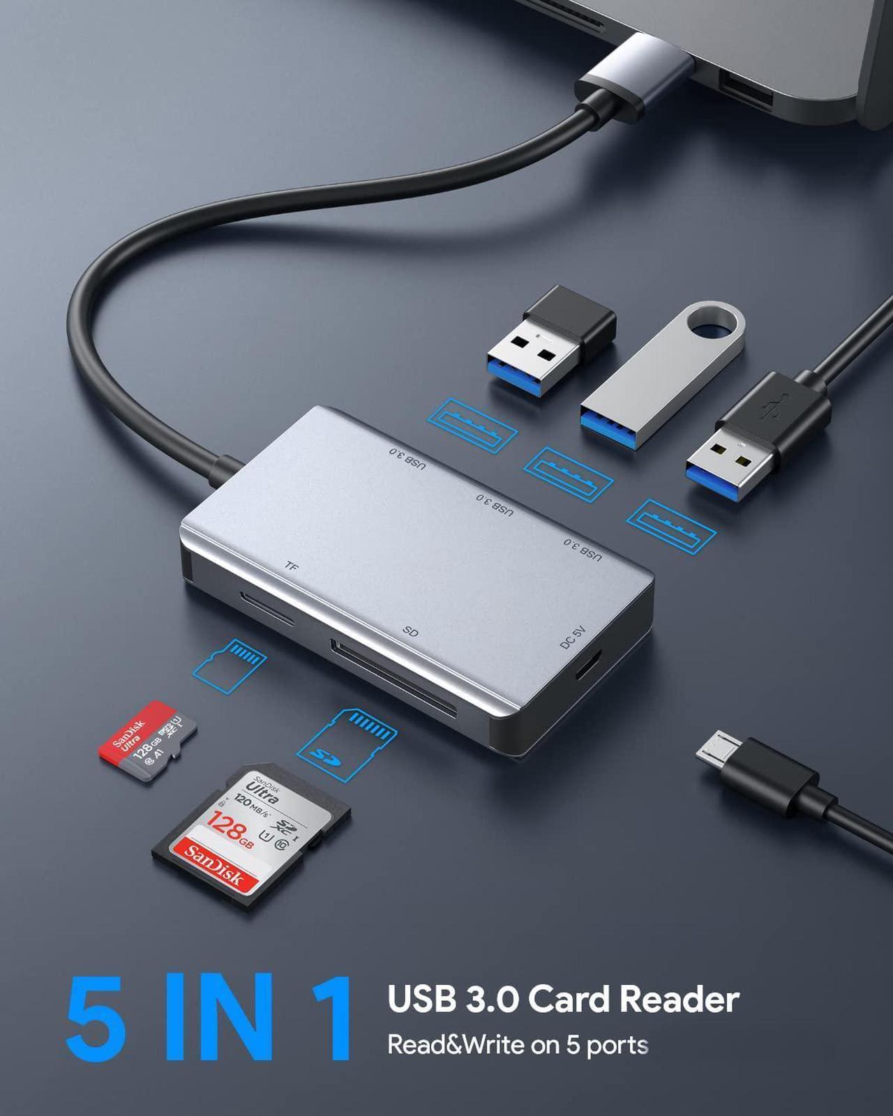 Alt view image 2 of 7 - 5-in-1 USB Hub with 3 x USB3.0, 1 x SD Card Reader, 1 x TF Card Reader, 3-Port USB 3.0 Multi-Card Reader with SD/TF Card Readers Compatible for Windows Mac Linux