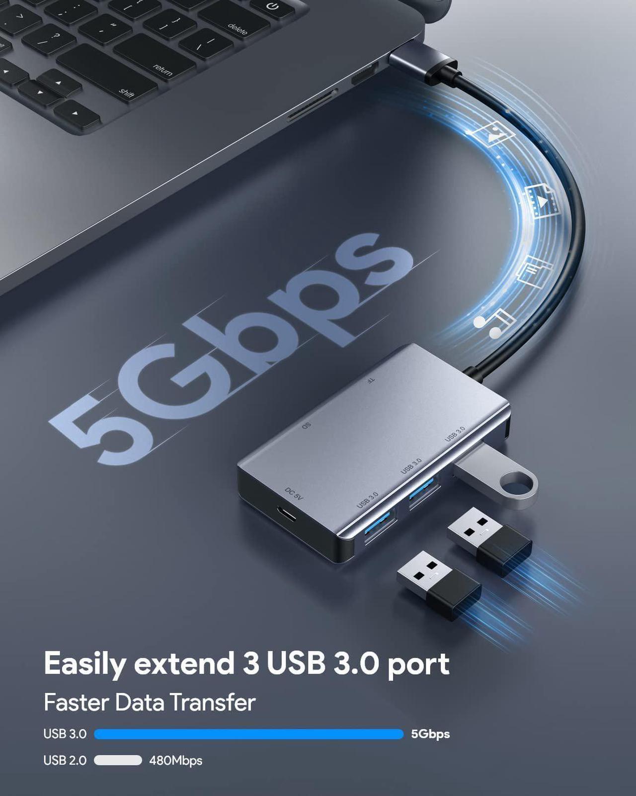 Alt view image 4 of 7 - 5-in-1 USB Hub with 3 x USB3.0, 1 x SD Card Reader, 1 x TF Card Reader, 3-Port USB 3.0 Multi-Card Reader with SD/TF Card Readers Compatible for Windows Mac Linux