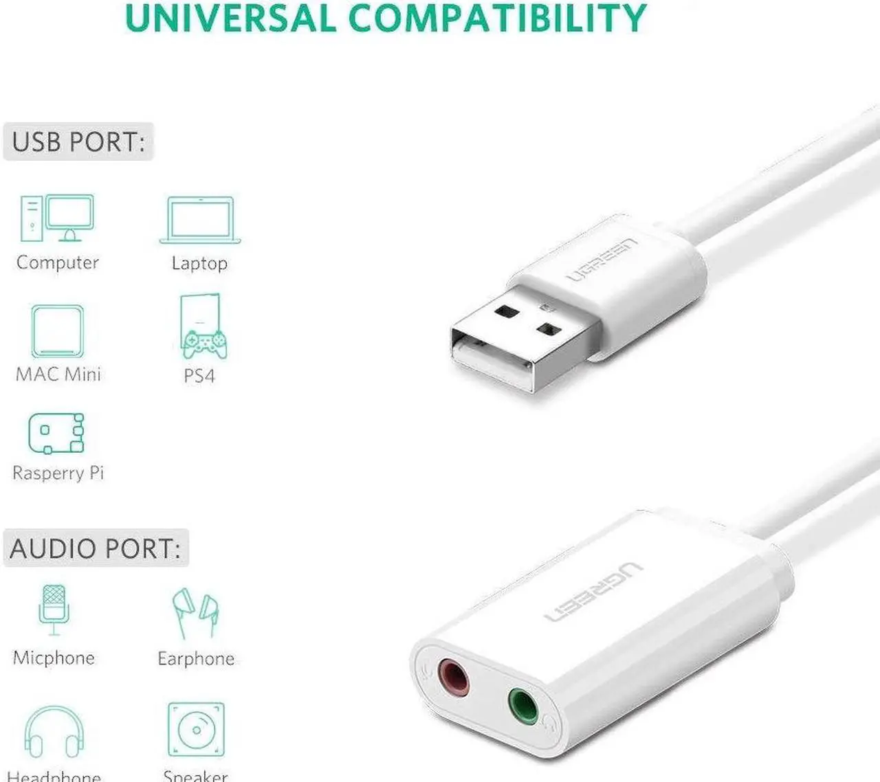 Alt view image 2 of 7 - USB External sound card USB To 3.5mm Jack Femal Earphone Mic headset Adapter 2 Hole Audio Card For Speaker Laptop PS4 PC, White