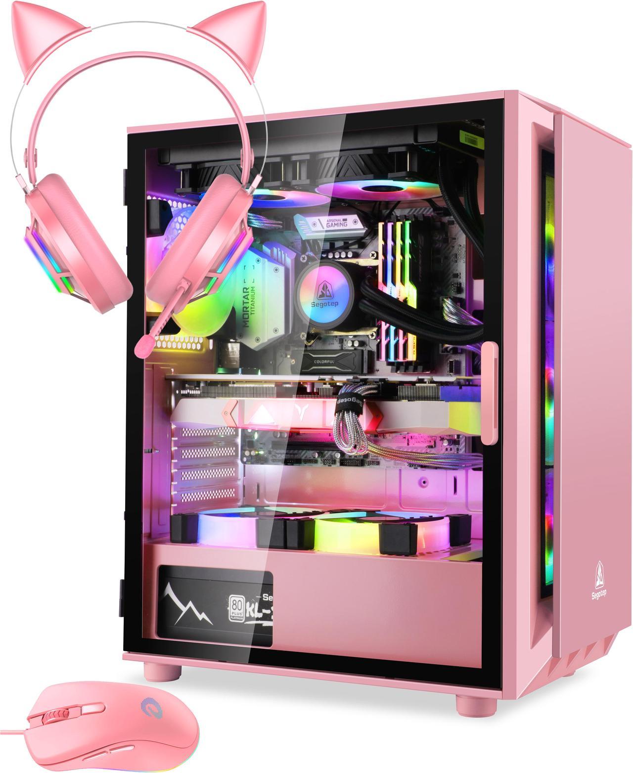 Segotep Gaming Case with Headset and Gaming Mouse Combo Pink ATX Micro-ATX, MINI-ITX Mid Case USB3.0 Port, 1.0mm SPCC Steel Plate, Support Liquid Cooling Tempered Glass Side