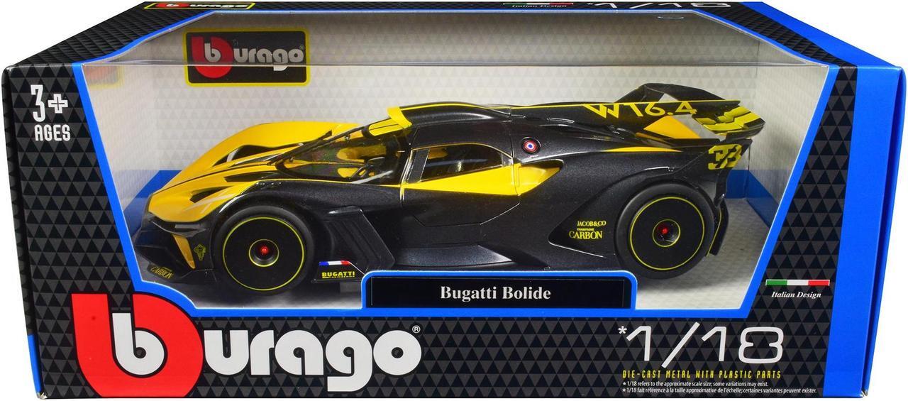 Alt view image 2 of 5 - Bugatti Bolide Yellow and Carbon Gray 1/18 Diecast Model Car by Bburago