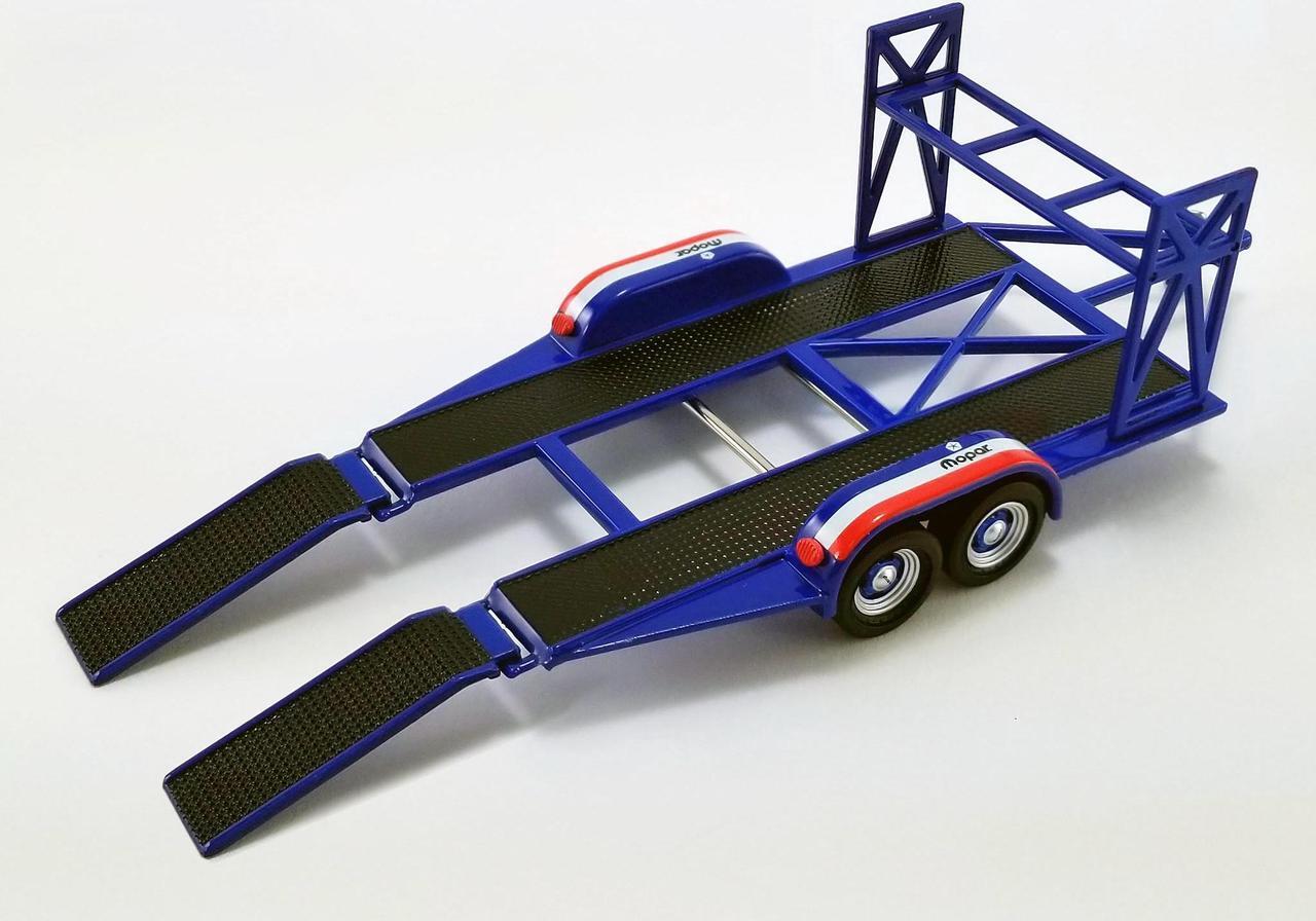Alt view image 6 of 6 - Tandem Car Trailer with Tire Rack Blue "Mopar" for 1/43 Scale Model Cars by GMP