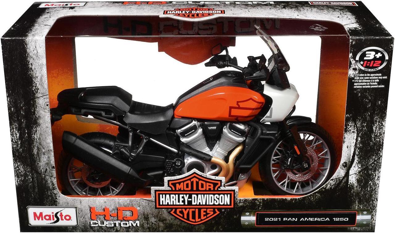 Alt view image 3 of 3 - 2021 Harley Davidson Pan America 1250 Motorcycle Orange and Black "H-D Custom" 1/12 Diecast Model by Maisto