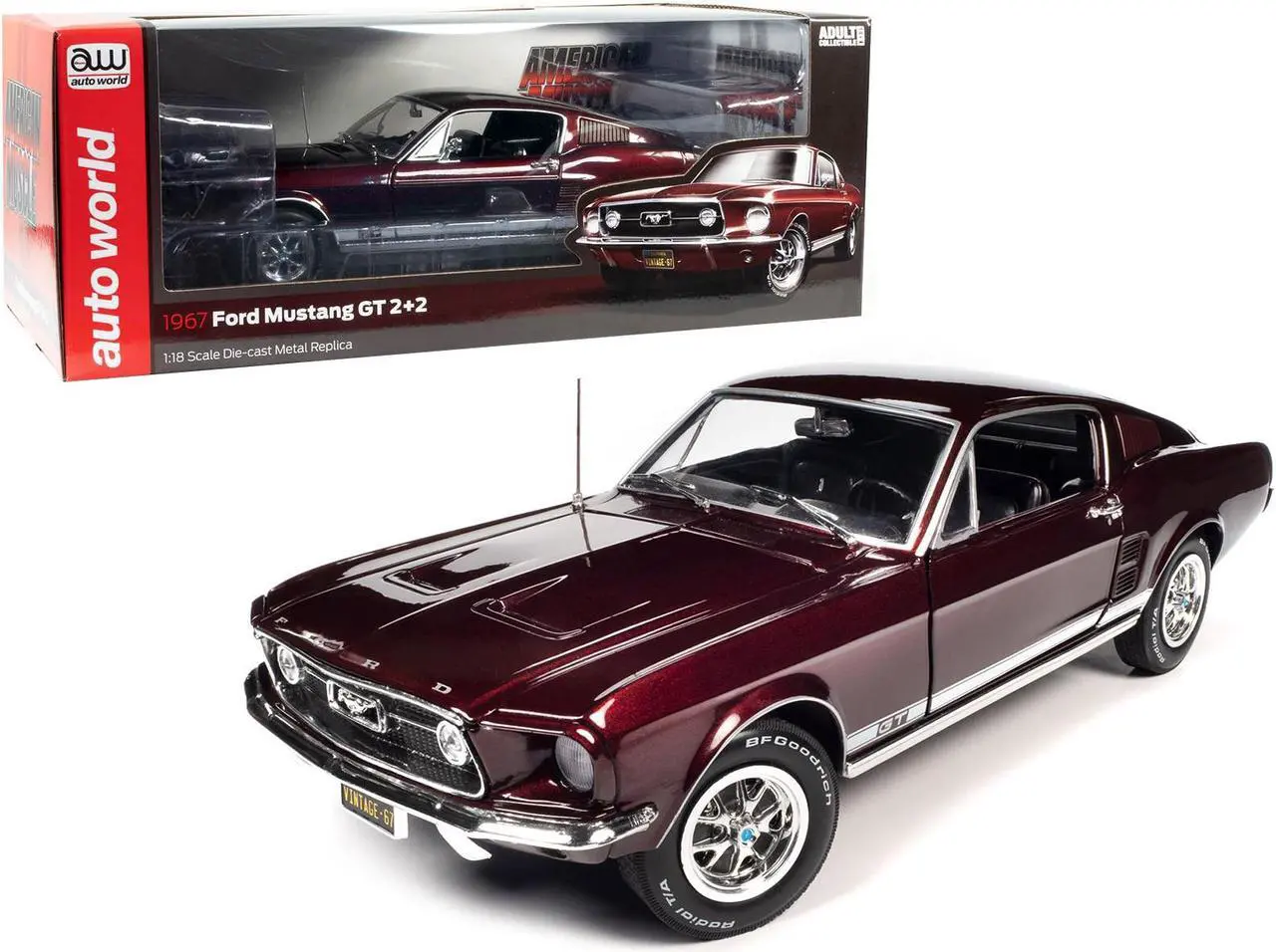 Main image of 1967 Ford Mustang GT 2+2 Burgundy Metallic with White Side Stripes "American Muscle" Series 1/18 Diecast Model Car by Auto World