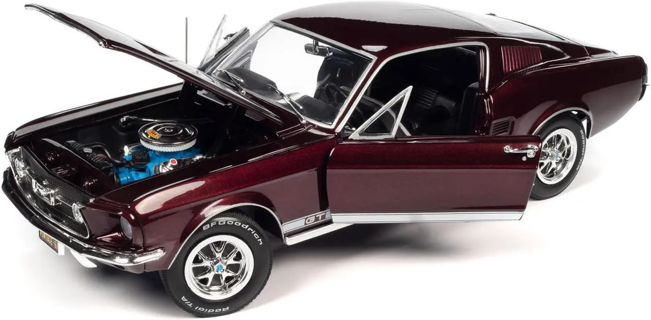 Alt view image 2 of 6 - 1967 Ford Mustang GT 2+2 Burgundy Metallic with White Side Stripes "American Muscle" Series 1/18 Diecast Model Car by Auto World