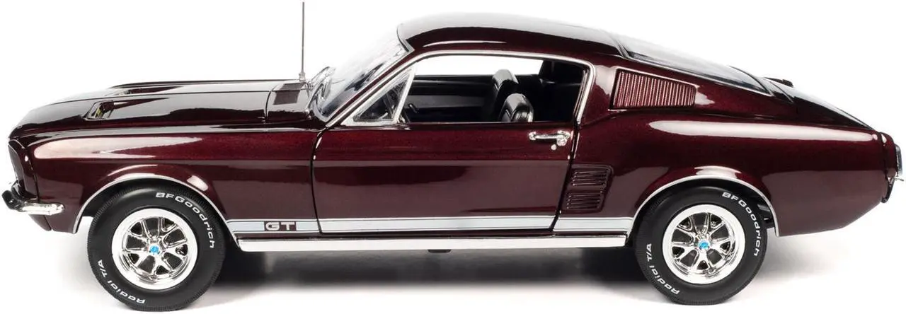 Alt view image 5 of 6 - 1967 Ford Mustang GT 2+2 Burgundy Metallic with White Side Stripes "American Muscle" Series 1/18 Diecast Model Car by Auto World