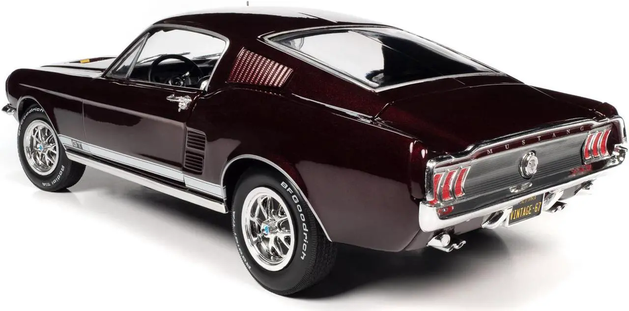 Alt view image 6 of 6 - 1967 Ford Mustang GT 2+2 Burgundy Metallic with White Side Stripes "American Muscle" Series 1/18 Diecast Model Car by Auto World