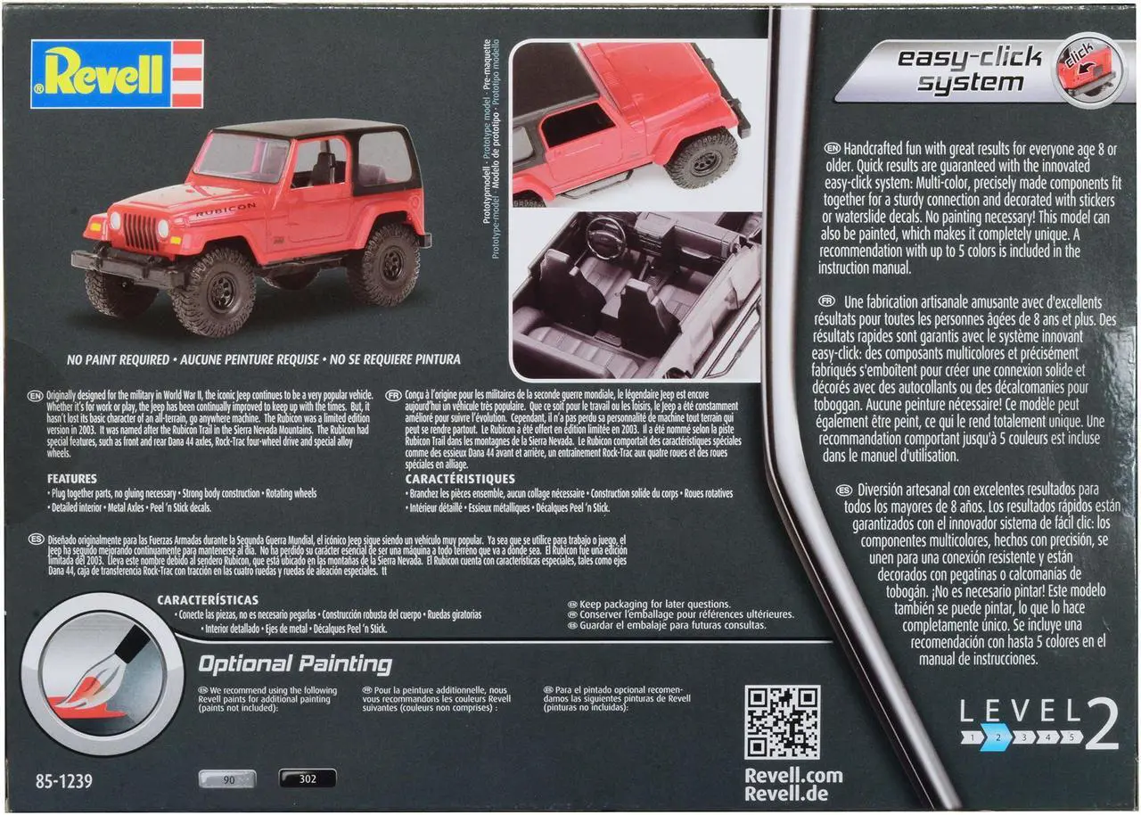Alt view image 4 of 6 - Level 2 Easy-Click Model Kit Jeep Wrangler Rubicon 1/25 Scale Model by Revell