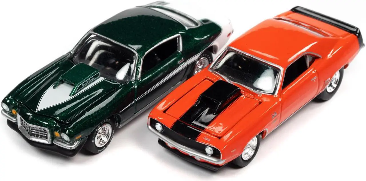 Alt view image 2 of 3 - 1969 Chevrolet Camaro ZLX Phase III Hugger Orange w/Black & 1973 Phase III Dark Green 1/64 Diecast Model Cars Johnny Lightning