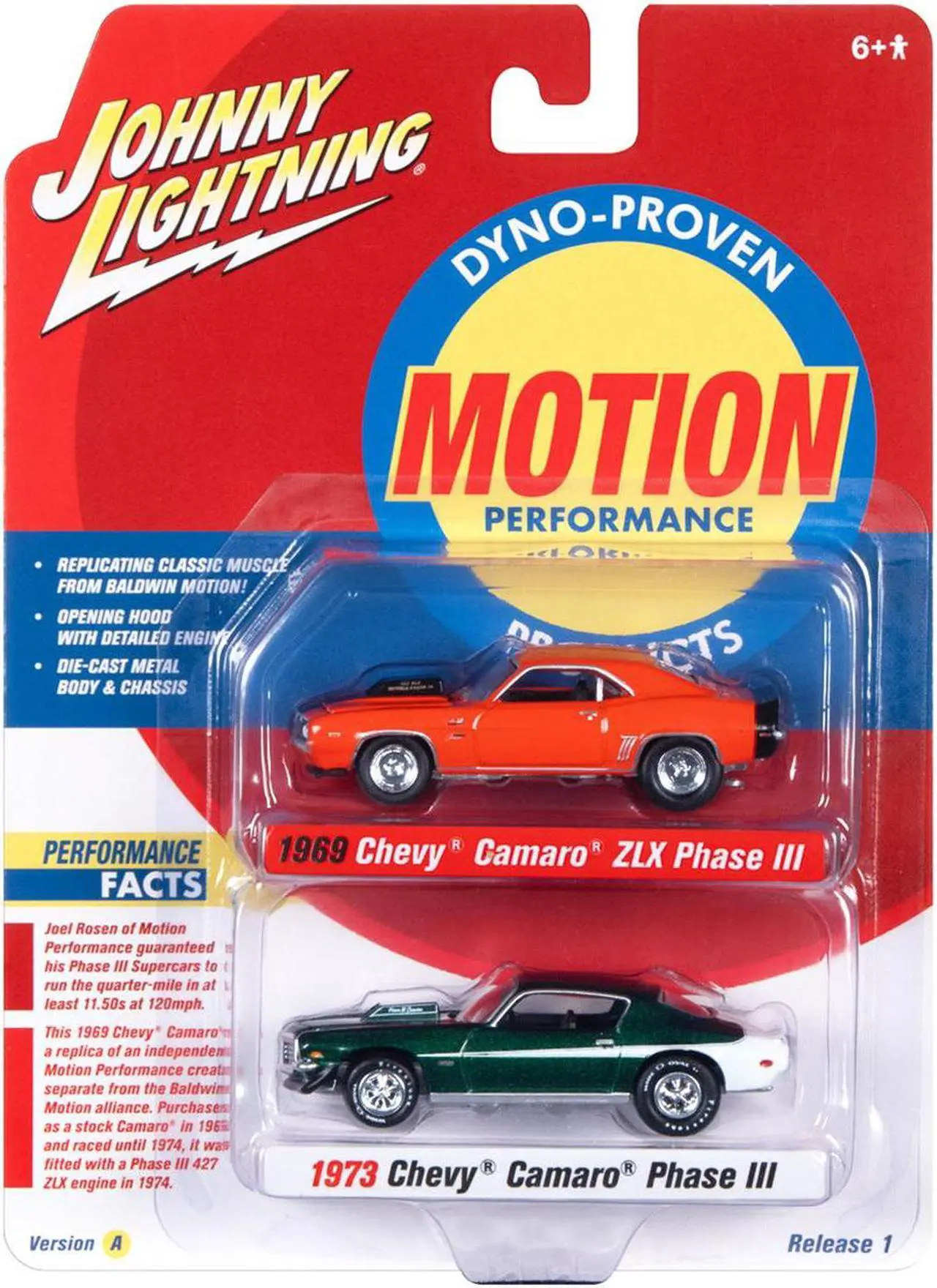 Alt view image 3 of 3 - 1969 Chevrolet Camaro ZLX Phase III Hugger Orange w/Black & 1973 Phase III Dark Green 1/64 Diecast Model Cars Johnny Lightning