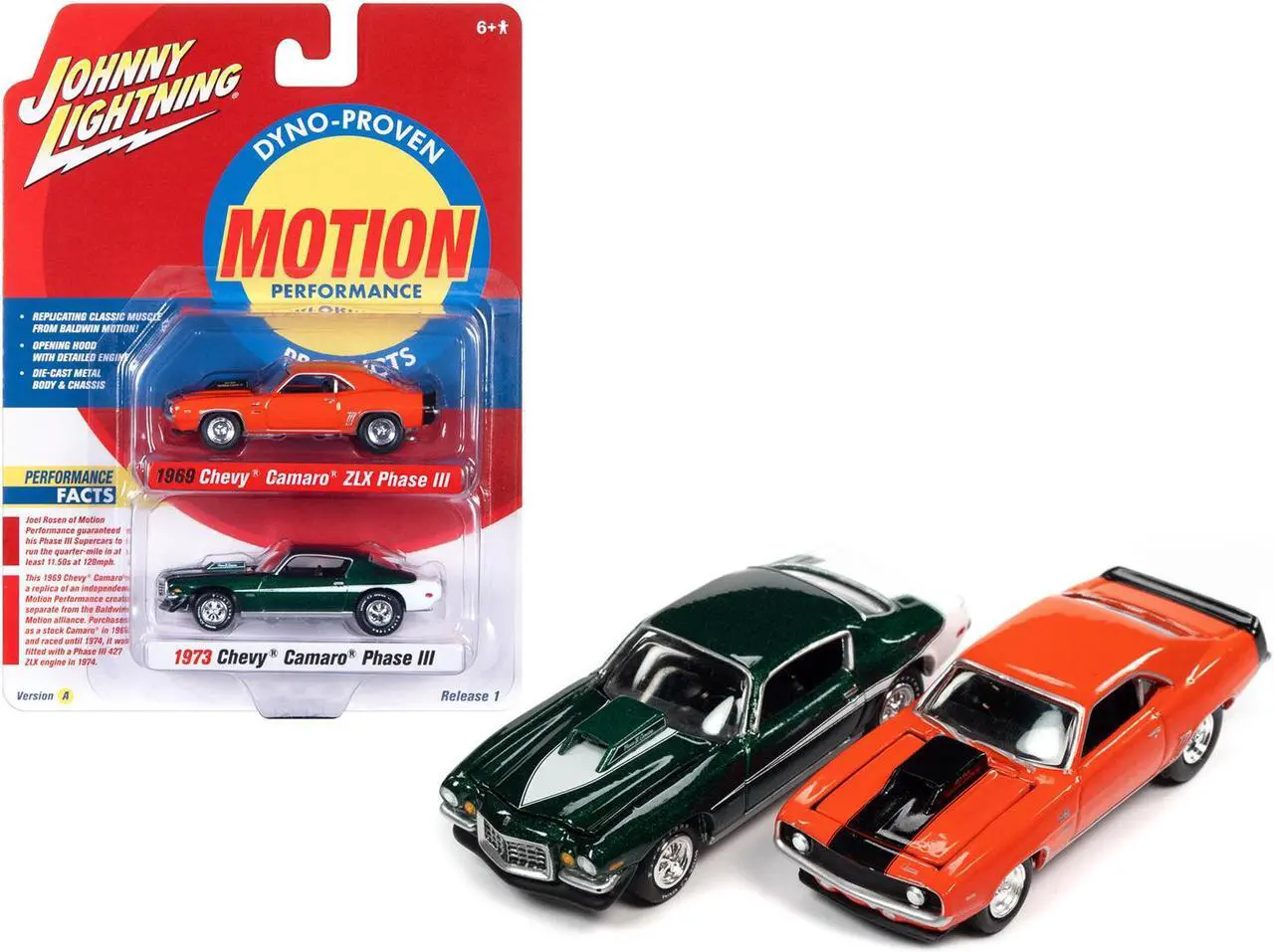 Main image of 1969 Chevrolet Camaro ZLX Phase III Hugger Orange w/Black & 1973 Phase III Dark Green 1/64 Diecast Model Cars Johnny Lightning